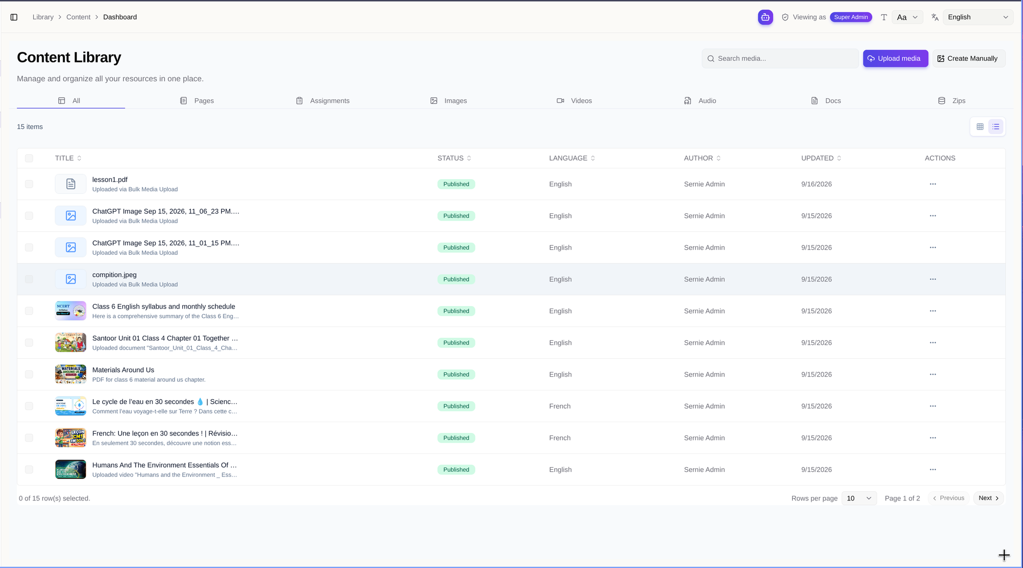 Content Library list view before the redesign