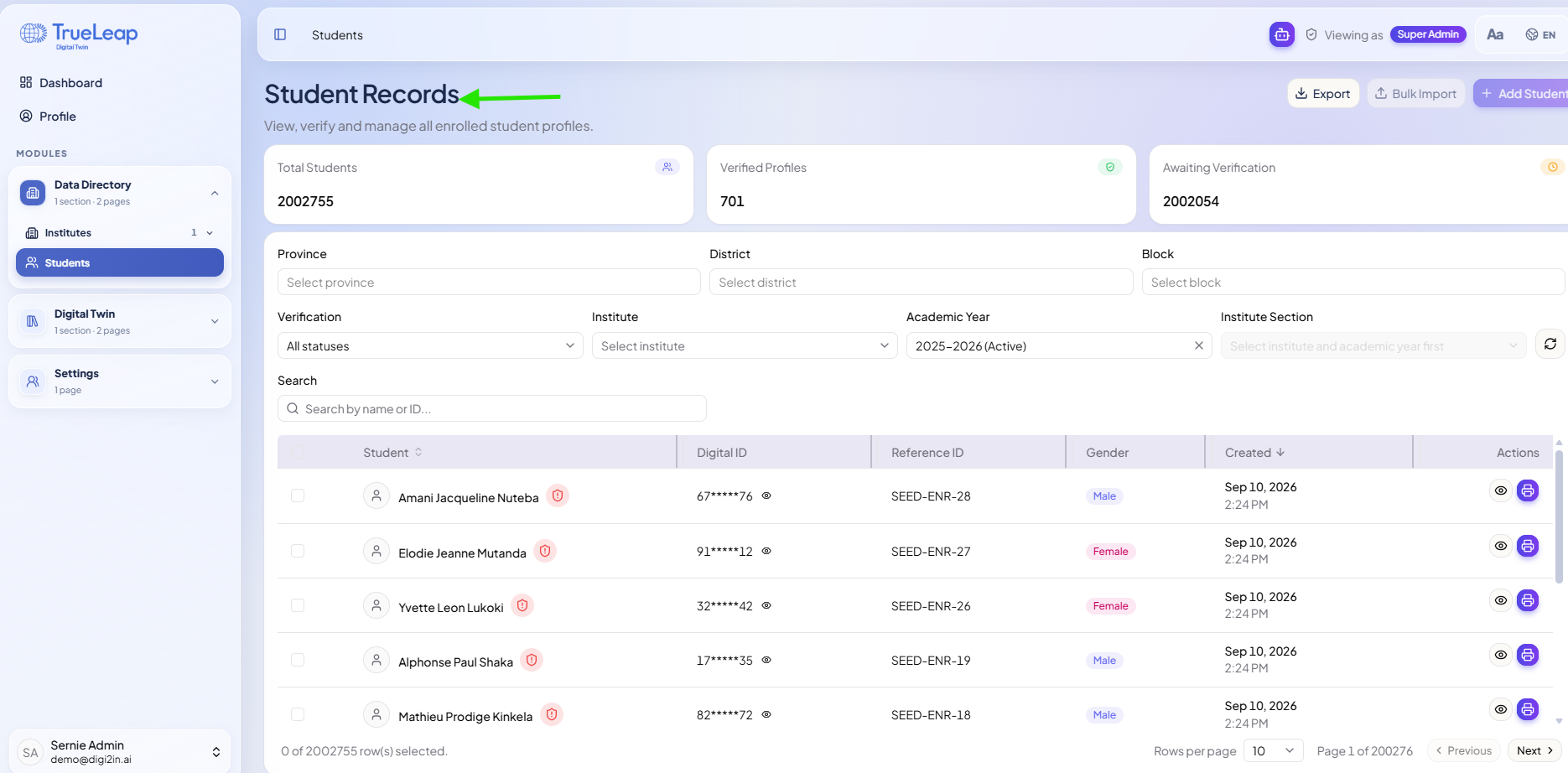 Current Student Records page: filter form and KPI cards push the table down to five visible rows